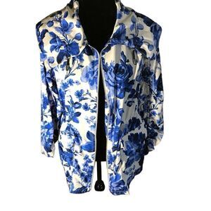 Ann Taylor Rain Jacket blue white floral Women’s Size Medium Drawstring zip